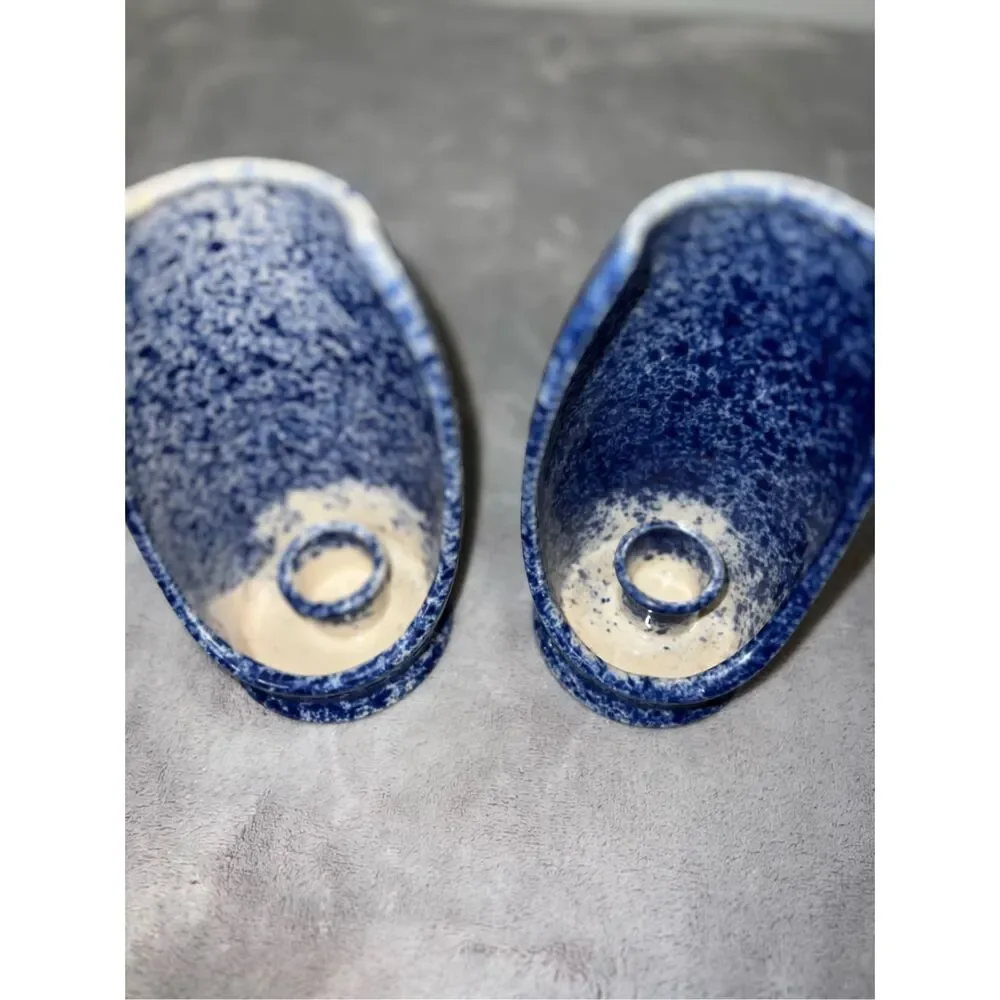 Lot of 2 Cottagecore Fairy Blue Pottery Candleholders